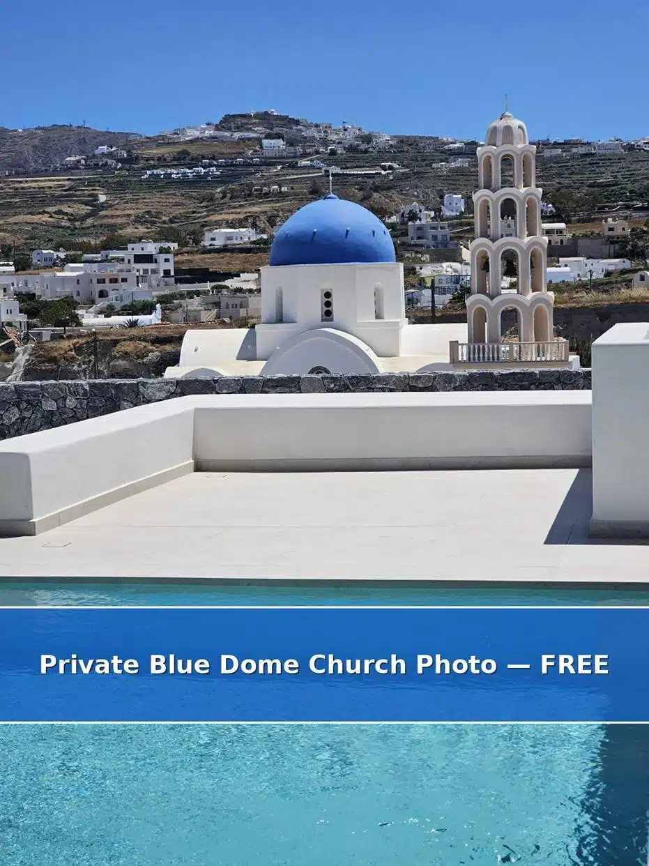 Private Santorini Blue Dome church viewpoint, free of charge for Santorini Day Tours guests
